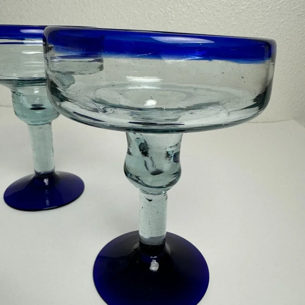 Vintage Hand Bowing Martini Glasses Set of 3 Blue Rim
